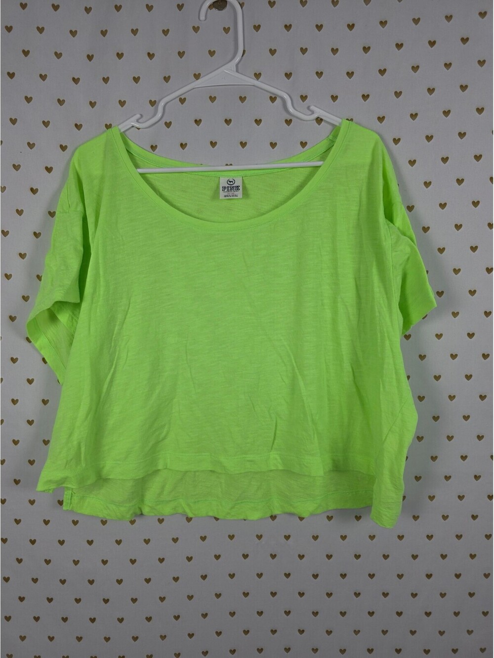 Victorias Secret PINK Vintage Neon Green Cropped Boxy Tee shirt Medium Oversized